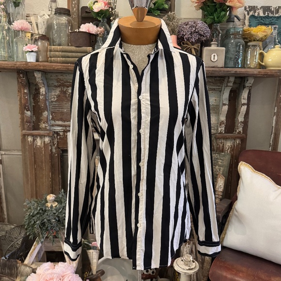 H&M WIDE Black & Cream STRIPED COTTON Button Down TAILORED Shirt HOLIDAY Party - Picture 2 of 6